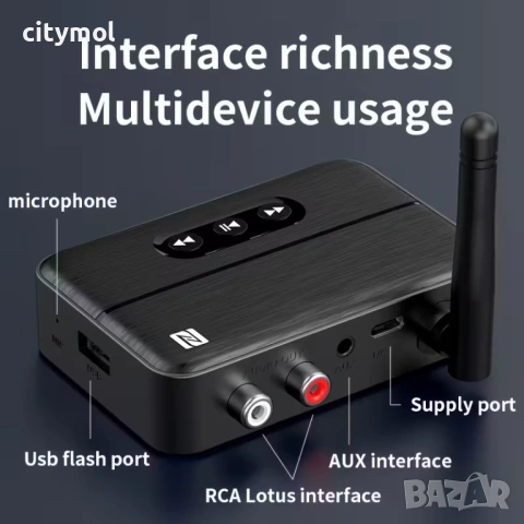 Bluetooth 5.4 аудио приемник M60, NFC, за дома и автомобила, USB, RCA, 3,5 mm AUX, снимка 6 - Аудиосистеми - 53177903