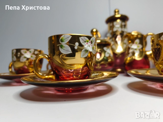 Сервиз за кафе от чехословашки червен кристал, снимка 4 - Сервизи - 53579070