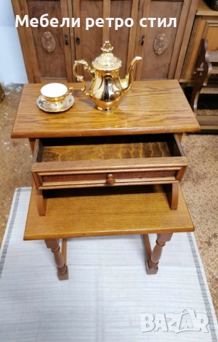 Стилна помощна масичка / нощно шкафче от масивно дърво с чекмедже и долен плот. , снимка 4 - Шкафове - 53380492