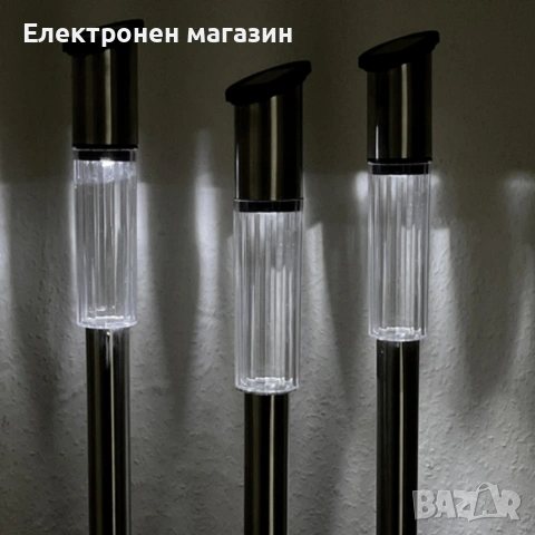 Комплект от 3 броя Led соларни лампи XL 57см - неръждаема стомана, сензор и до 8 часа светене, снимка 4 - Соларни лампи - 54053687