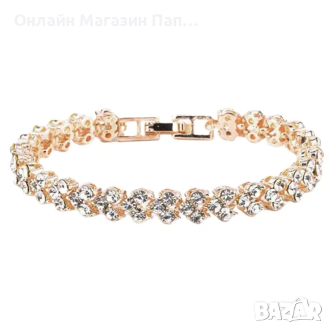 Елегантна гривна с кубичен цирконий – сребрист, златист и розово златисти цветове, 16.5 см, снимка 2 - Гривни - 52322509