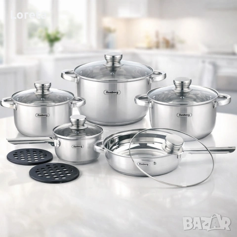Комплект съдове Rosberg, 12 части, 2 подложки, Неръжд.стомана, снимка 5 - Съдове за готвене - 53424249
