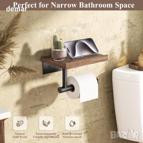 Tindbea Дървен рафт с държач за тоалетна хартия за баня, матово черна неръждаема стомана, орех, снимка 5 - Други - 46432369