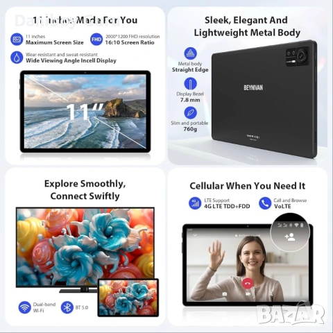 11-инчов таблет с 4G LTE и 5G WiFi, Android 14, таблет 36GB RAM + 256GB ROM/9580mAh/2000*1200 , снимка 3 - Таблети - 53440886