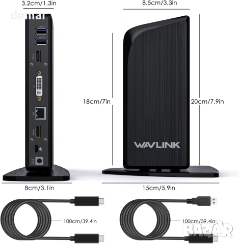 WAVLINK 13-в-1 USB-C докинг станция за три монитора, 4K HDMI, 2K HDMI, DVI, 4xUSB 3.0, 2xUSB C, снимка 8 - Кабели и адаптери - 53402136