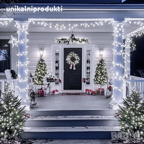 Външни професионални коледни лампички 10м 100 диода с флаш ефект студено бяла светлина IP65