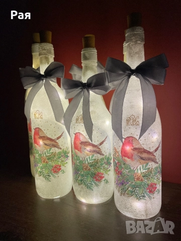 Коледна декупаж бутилка с LED, снимка 7 - Декорация за дома - 52818679