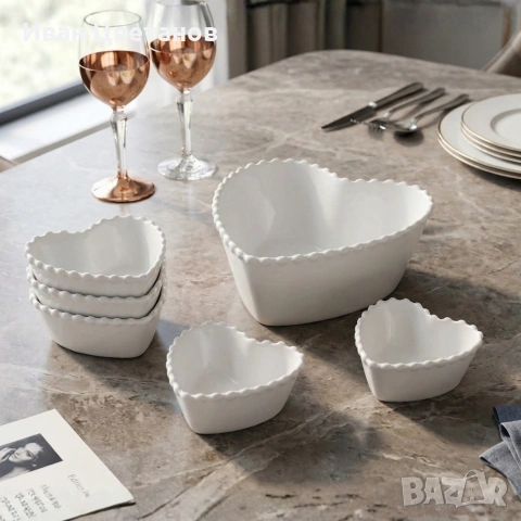Луксозен комплект порцеланови купи със заоблен релеф - 7 части