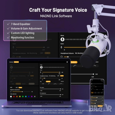 Микрофон RGB комплект с стойка за стрийминг MAONO PD200XS USB/XLR - ЧИСТО НОВ, снимка 18 - Микрофони - 54102731