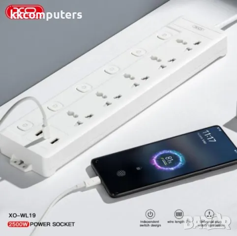 Разклонител 220V - XO-WL19 / PD,USB QC 3.0, 5x220V Universal socket + power buttons / Бял / Баркод :, снимка 1 - Оригинални зарядни - 47709350