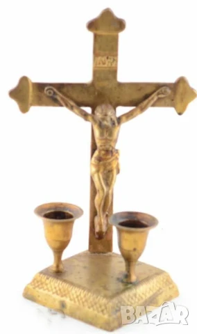 Старинен бронзов настолен кръст с две свещи разпятие Исус Христос