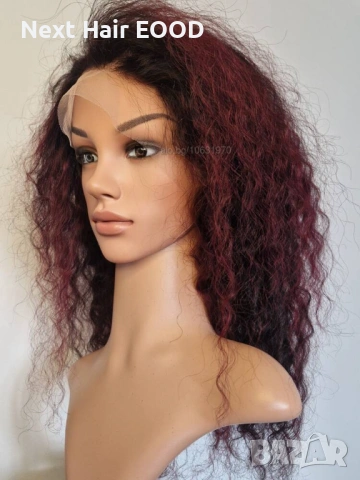 Естествена афро перука къдрава черна с тъмно червени бородо кичури с дантела 13х4, снимка 5 - Аксесоари за коса - 53294608