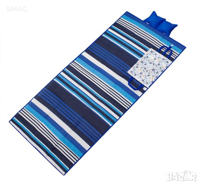 Плажна постелка - синя раирана чанта с надуваема възглавница 180x86cm, снимка 1