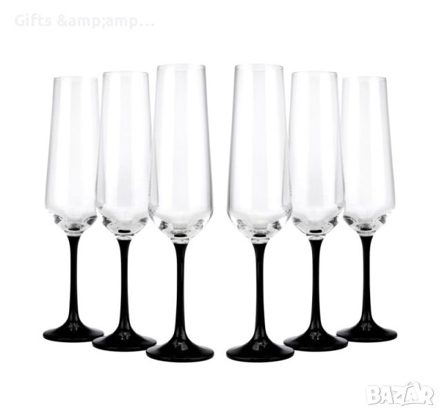 Комплект от 6 чаши за шампанско кристалекс BOHEMIA с черно столче, снимка 1