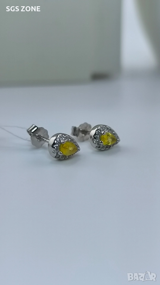 Сребърни обеци с необичаен жълт сапфир., снимка 1