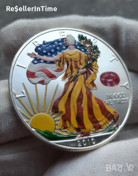 Инвестиционна сребърна монета 1 унция American Eagel Silver Dollar 2010, цветна, снимка 1