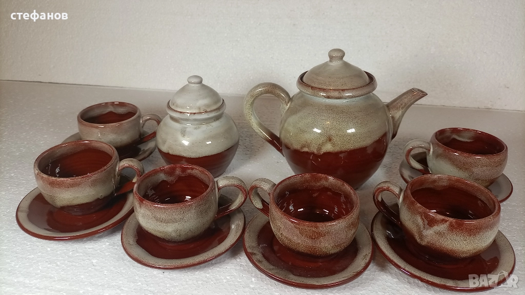 Глинен компект за кафе, 6 чаши, 6 чинийки, захарничка и кафеник с капачета, снимка 1