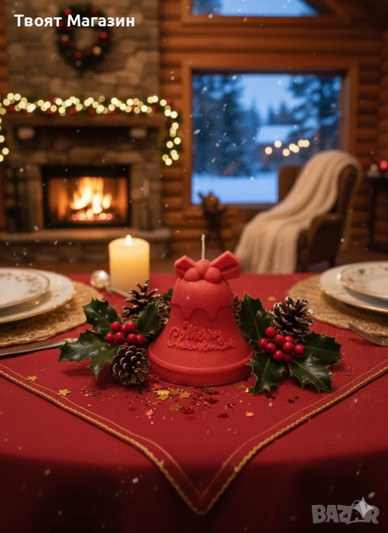 Коледна свещ Камбанка от соев восък – Червен цвят за Празника, снимка 1