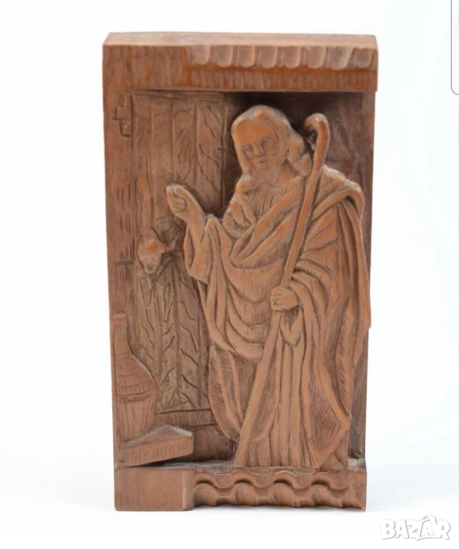 Исус чука на портата пусни нашия божи спасител в дома си красива майсторска  дърборезба 1998г., снимка 1