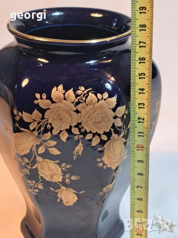 немска порцеланова ваза Bareuther кобалт с позлата М1, снимка 5 - Вази - 53010538
