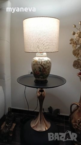 Vintage настолна лампа с порцеланова основа в азиатски стил и текстилен абажур . , снимка 8 - Настолни лампи - 53786976