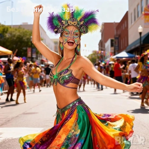 Нов женски Карнавален комплект аксесоари с пера, гердани и стикери за лице, снимка 2 - Други - 53817393