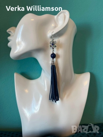 Модел 67. Син комплект колие с обици от естествена кожа и полускъпоценни камъни модел 67 , снимка 3 - Бижутерийни комплекти - 52514931