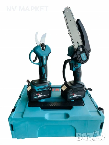 Комплект 2в1 акумулаторна безчеткова лозарска ножица и резачка-трион за клони 15 см. с маслен филтър, снимка 4 - Градинска техника - 53843183