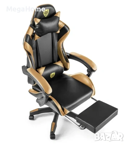 Стилен геймърски стол с масажна възглавница в златисто + Поставка за крака, снимка 6 - Столове - 53337355