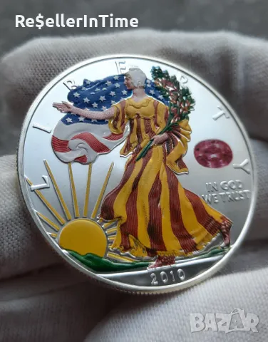 Инвестиционна сребърна монета 1 унция American Eagel Silver Dollar 2010, цветна, снимка 1 - Нумизматика и бонистика - 46925580