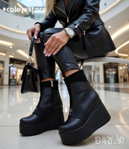 Боти на платформа - черна кожа - K135

