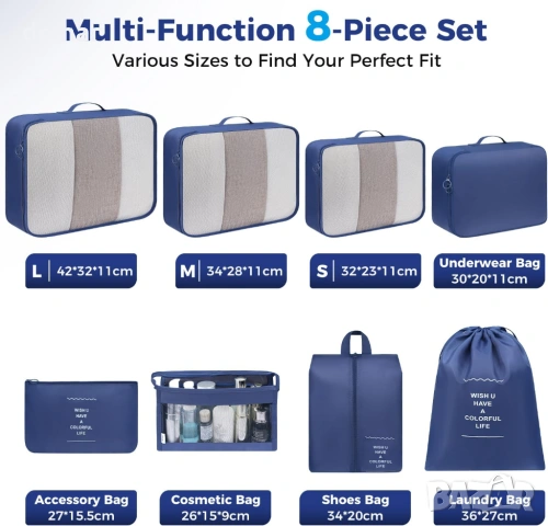 Комплект от 8 части органайзери за багаж с дишаща мрежа и чанта за обувки, тъмносиньо, снимка 3 - Други стоки за дома - 53901507