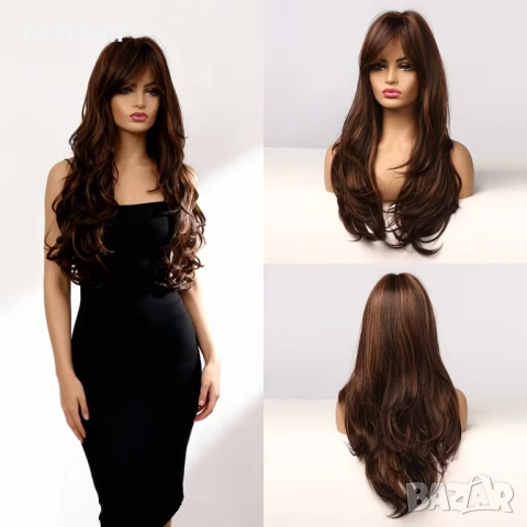 70 см чуплива тъмно кафява перука с кичури и дълъг бретон, снимка 2 - Аксесоари за коса - 52487644