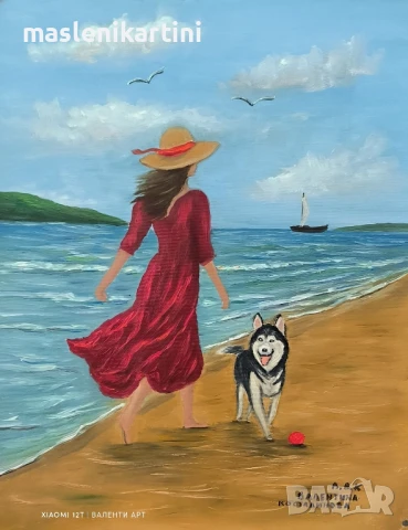 Жена и куче край морския бряг маслена картина , снимка 2 - Картини - 50938198