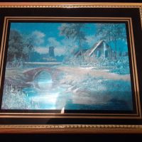Красива картина 26х21см репродукция на пейзаж с река, мелница, мост и къща, снимка 4 - Картини - 45687233