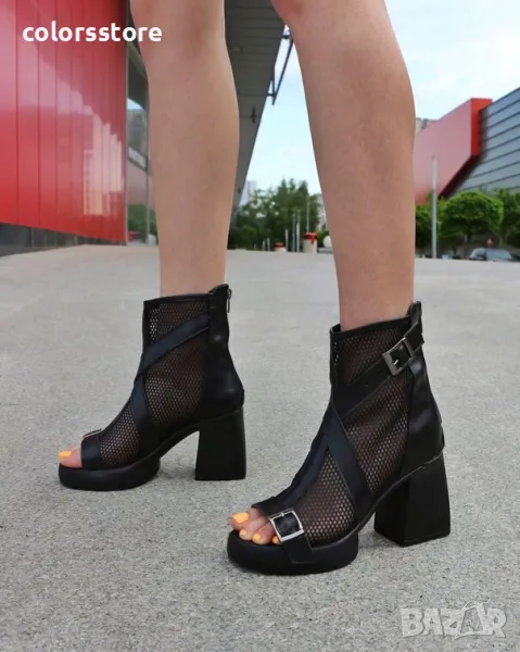 Летни боти на ток - черна кожа - LBMN56, снимка 1