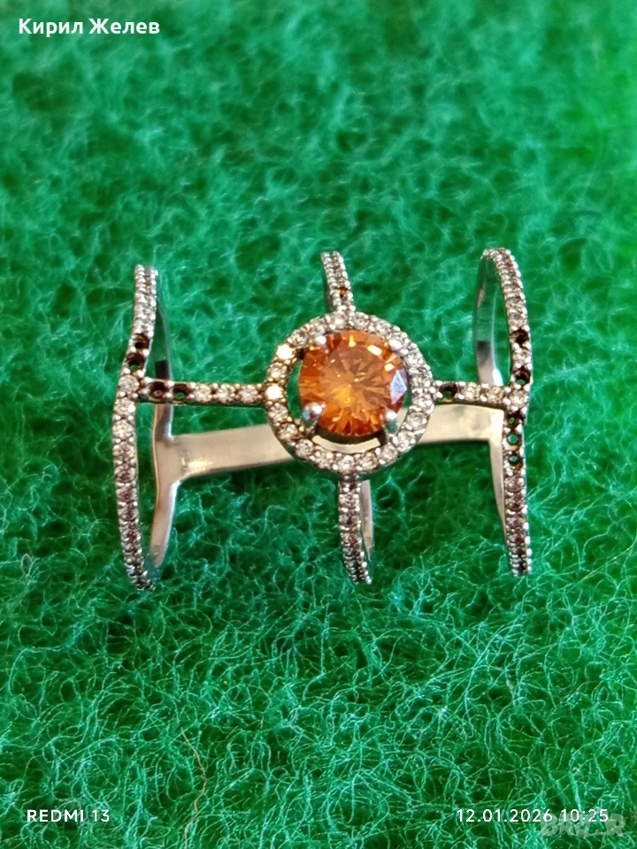 Уникален триредов сребърен пръстен украсен с кристали и Сапфир Арт бижу 51988, снимка 1