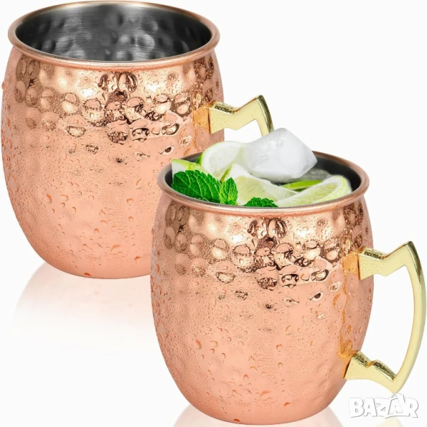 Нови медни чаши с дръжки, 100% чист мед, Moscow Mule, 2 броя чаши в цената, снимка 1