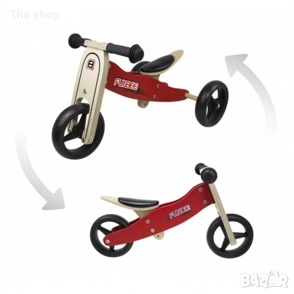 Дървено колело за баланс 2 в 1 FUNBEE - червено (004), снимка 1