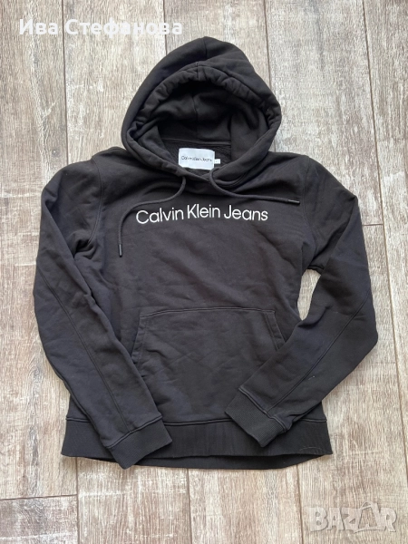 Мъжки черен памучен ватиран оригинален суичър суитшърт черен Calvin Klein качулка  памук памучен, снимка 1