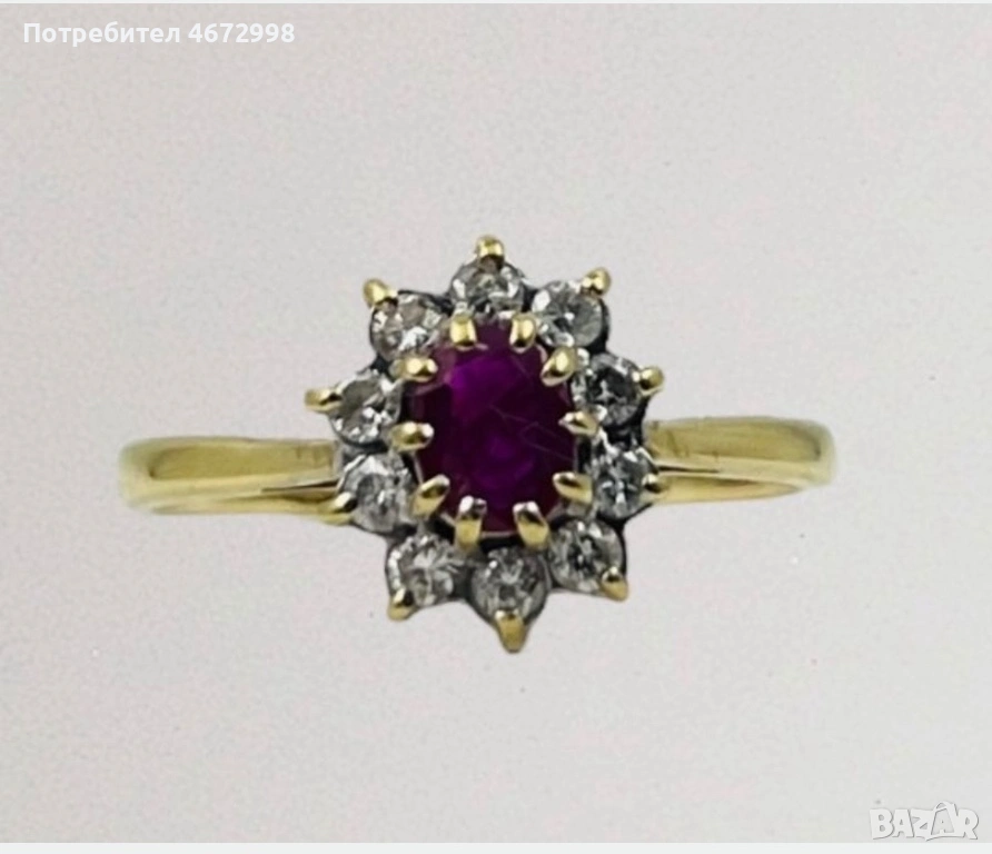 Златен пръстен с диаманти и рубин 14к, снимка 1