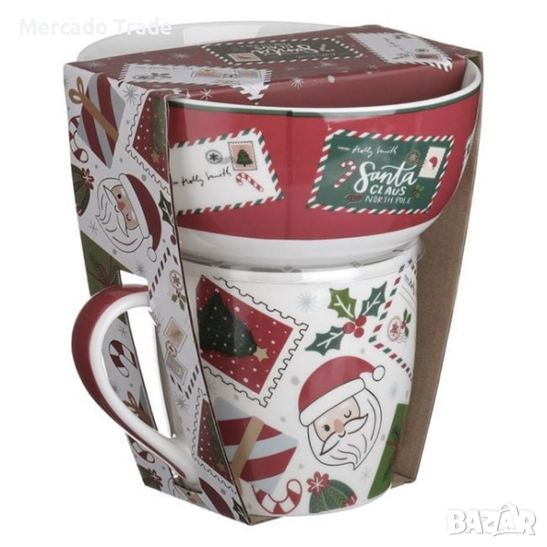 Комплект коледна чаша и купа Mercado Trade, Дядо Коледа, Шарен, снимка 1
