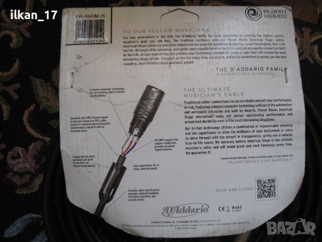 Микрофонен кабел Високопроизводителен D'Addario Planet Waves PW M 25 7,5 m Внос от Америка НОВО!, снимка 7 - Микрофони - 51639778