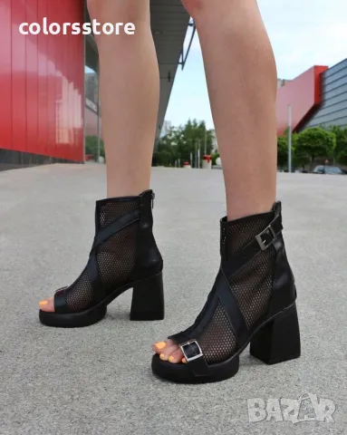 Летни боти на ток - черна кожа - LBMN56