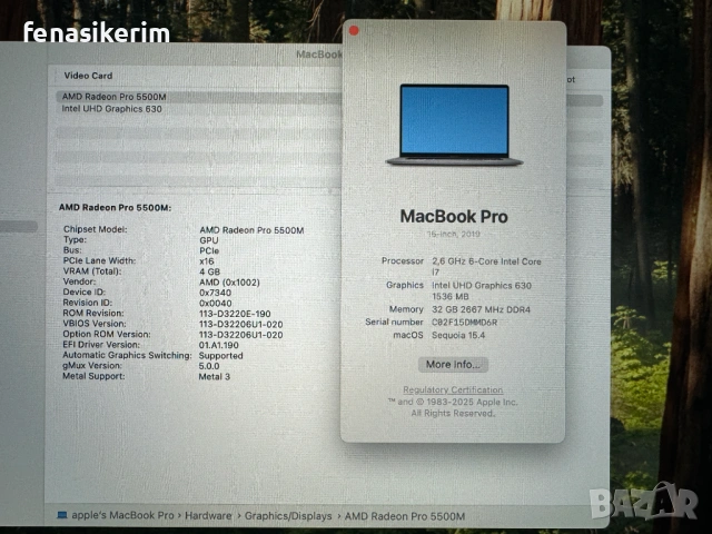 16' Core i7 Apple MacBook Pro 2019 @ 32GB RAM/512GB SSD/Radeon Pro 5300M 4GB/Бат 6ч, снимка 6 - Лаптопи за работа - 52884966