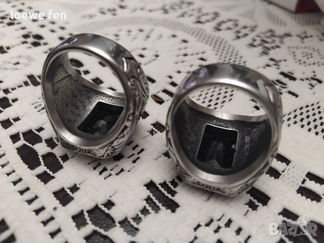 Голям красив мъжки пръстен неръждаема стомана с правоъгълен черен камък, снимка 2 - Пръстени - 52672263