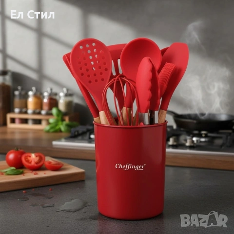 Комплект 12 части кухненски прибори със стойка–силиконови накрайници, дървени дръжки, снимка 6 - Прибори за хранене, готвене и сервиране - 53572991
