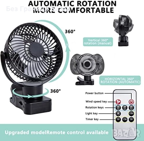 Нов USB вентилатор с клипс, батерия 5000mAh, дистанционно, LED за дом, снимка 2 - Друга електроника - 51488920