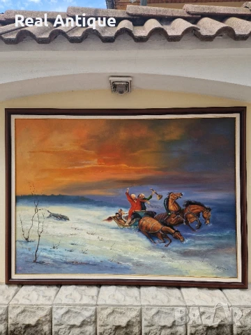 Огромна антикварна авторска майсторска картина масло върху платно , снимка 3 - Картини - 51272362