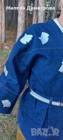 Дамско кимоно от рециклиран деним и рисувана Гинко Билоба , снимка 5 - Сака - 48851511